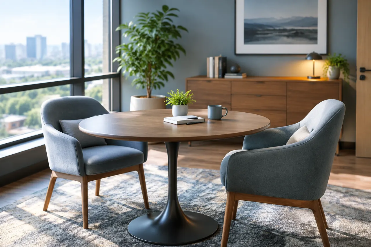 Quiet consulting room with a round table, two chairs and daylight from the left