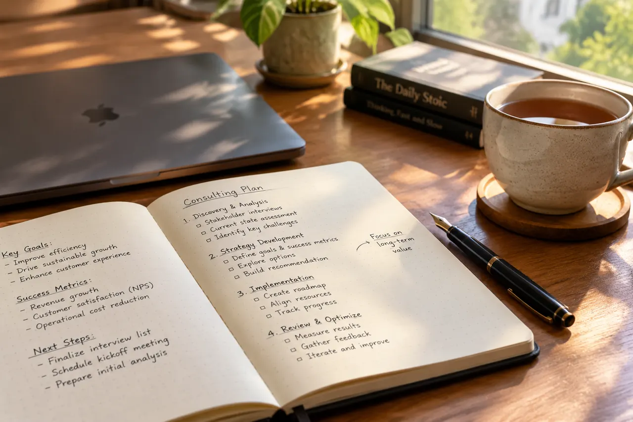 Consultant's desk with an open notebook, pen and laptop in warm daylight