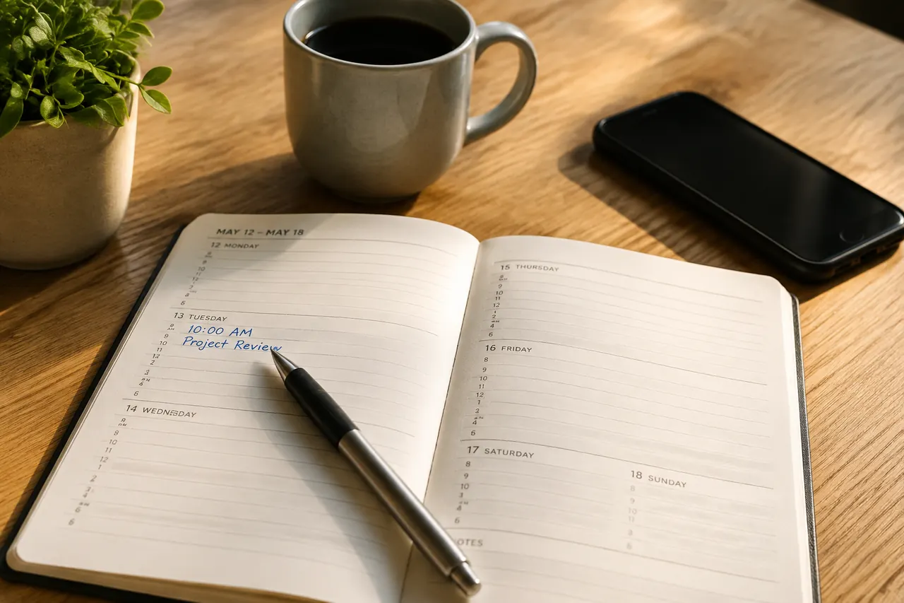 Open weekly planner with a pen marking an appointment slot on a desk