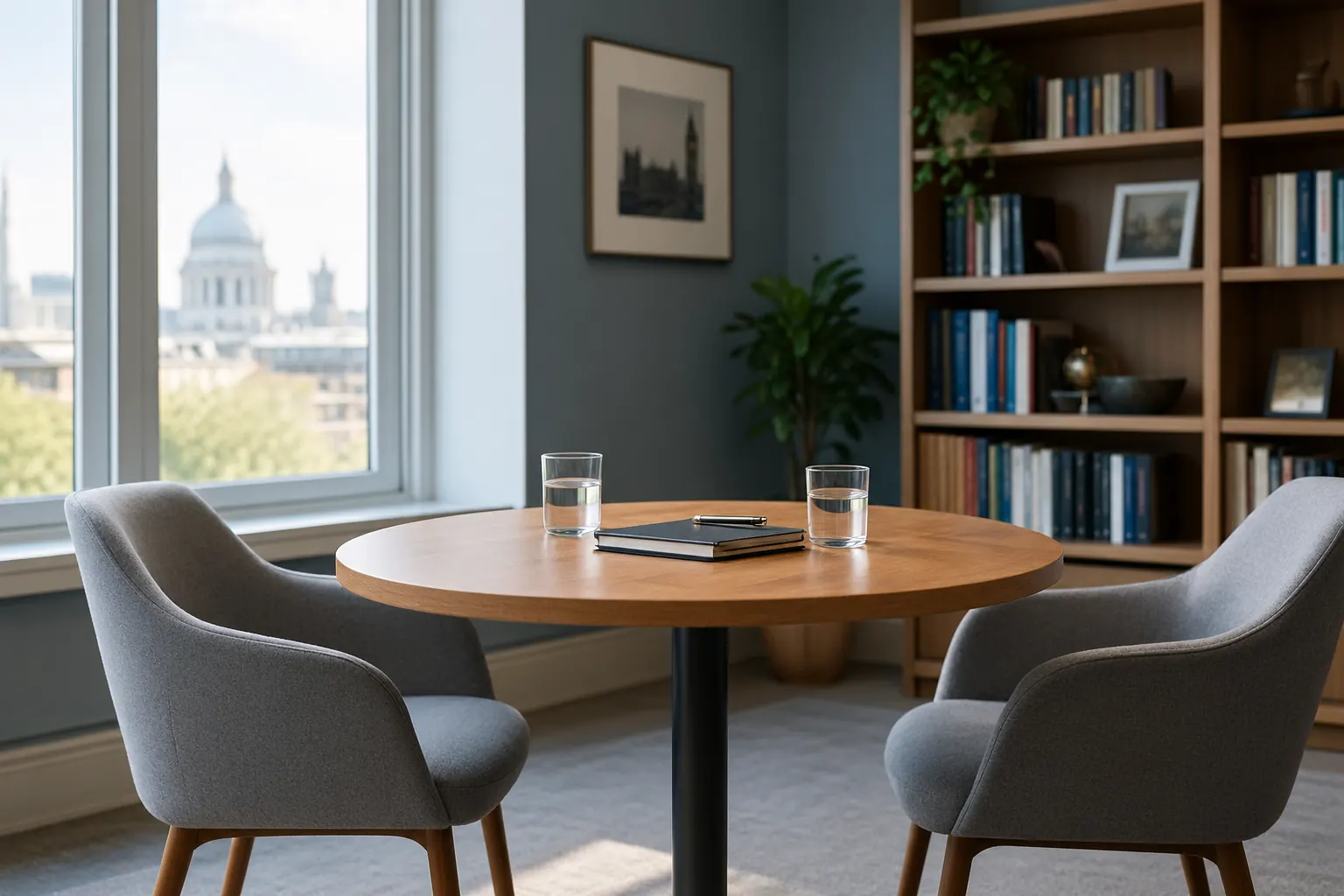 Career Development & Employment Preparation Career consultation in a bright modern office, two chairs facing a desk seen from behind