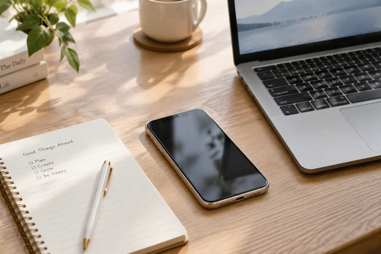 Smartphone and notebook on a desk beside a laptop, ready to take a call