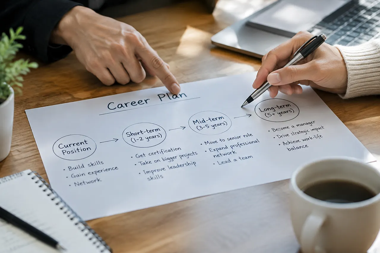 Career planning session in progress, notes and a roadmap sketch on the table