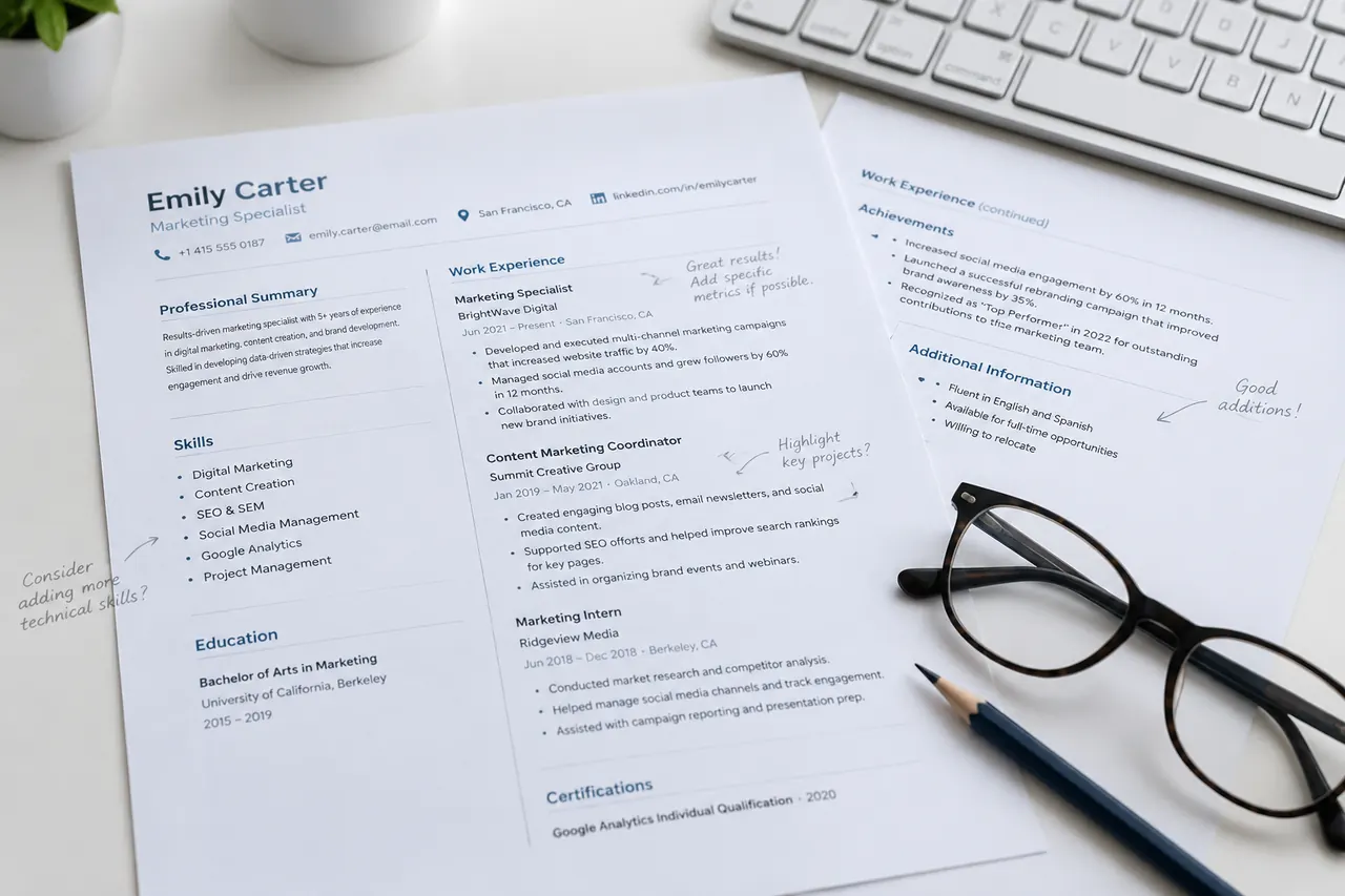 Printed CV pages with pencil annotations beside a keyboard on a white desk