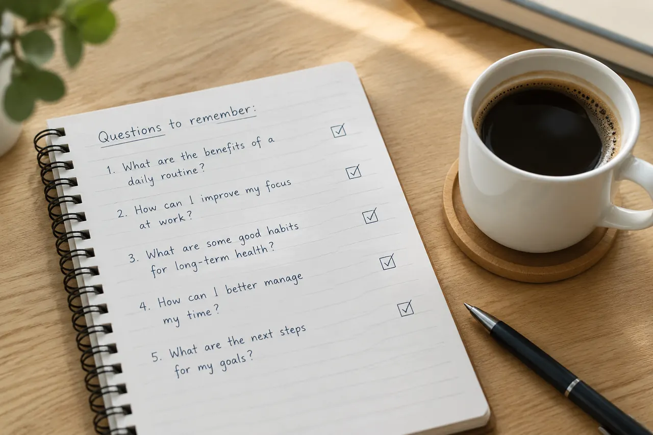 Notebook page with handwritten questions, ticks and a cup of coffee beside
