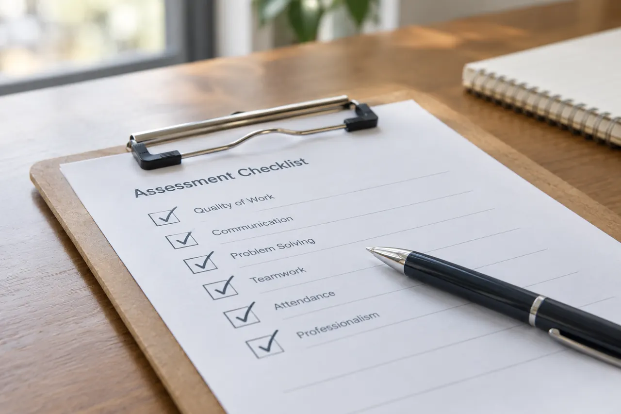 Clipboard with an assessment checklist and pen on a desk beside a notebook