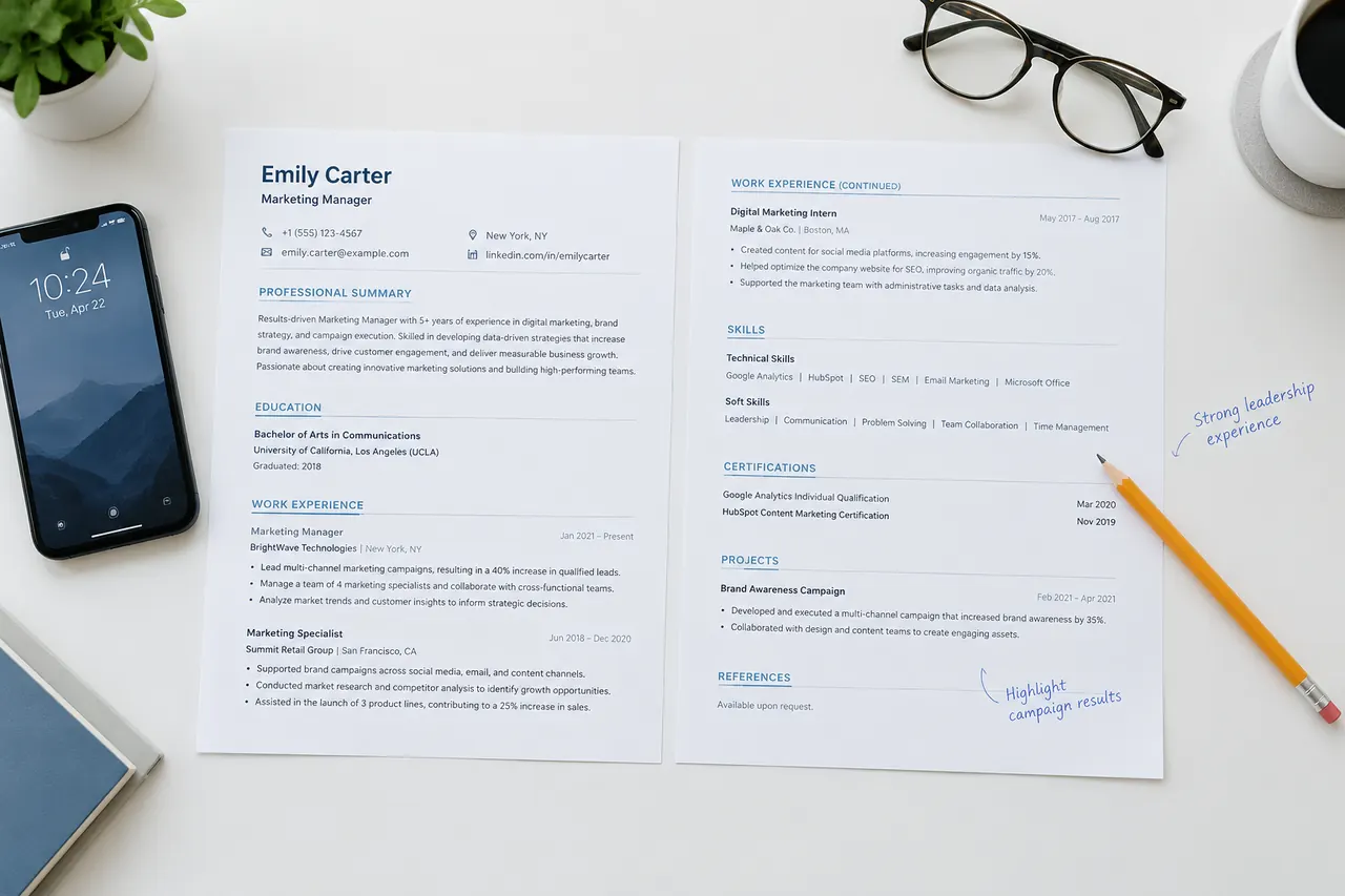 Career Development & Employment Preparation Desk with a printed CV, notes and a laptop seen from above